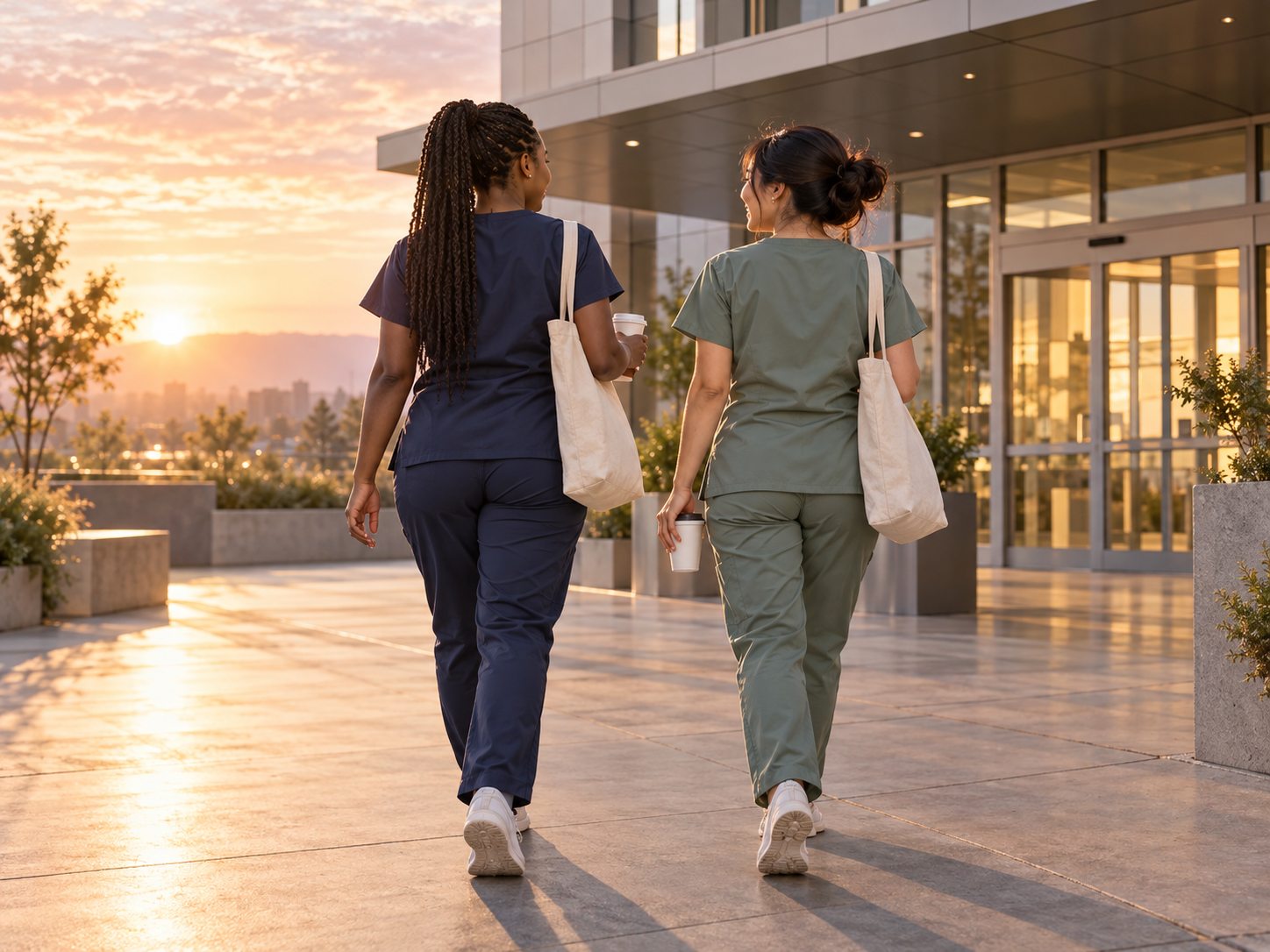 Two nurses walking into the hospital at sunrise