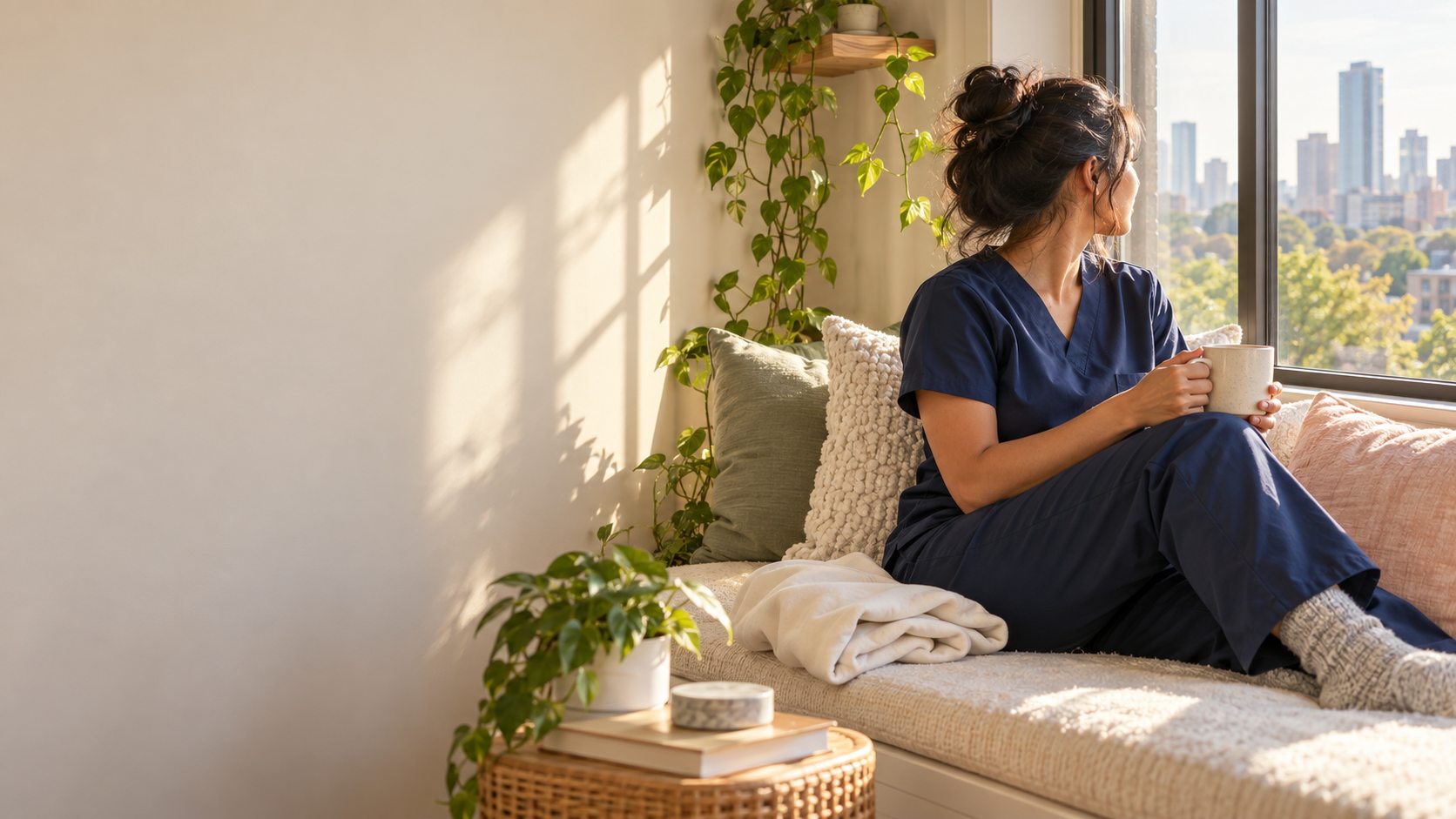 Nurse relaxing with coffee by a sunny window after a shift