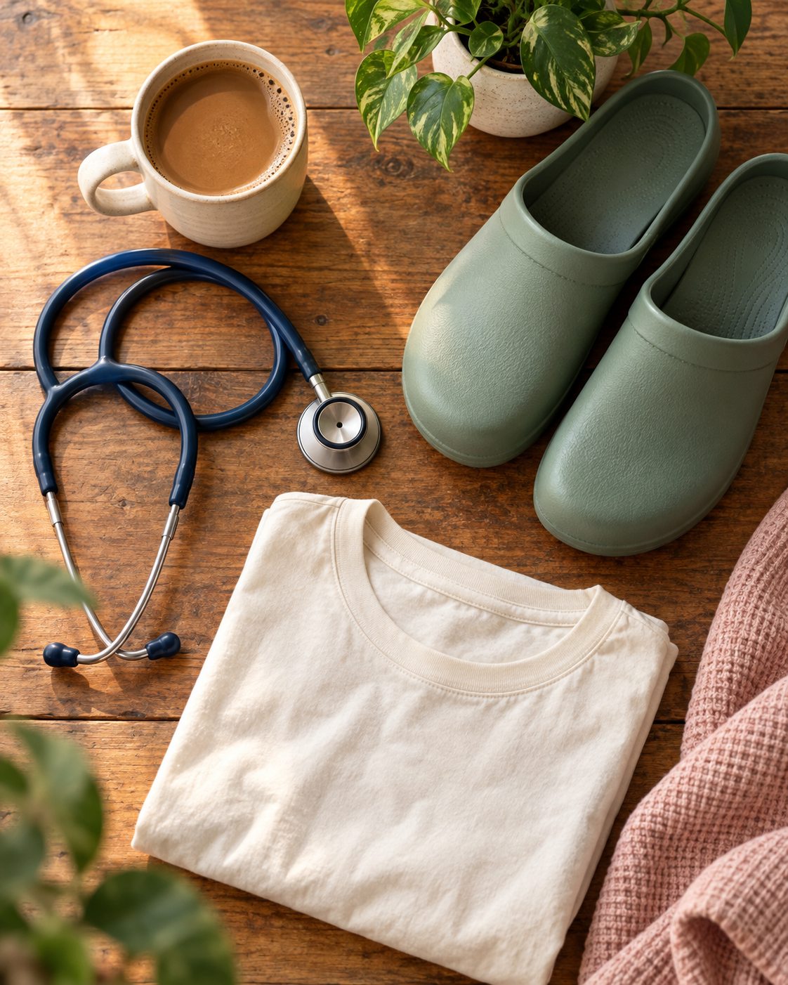 Stethoscope, coffee mug, clogs and a folded tee on a wooden table